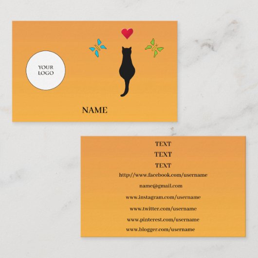 ブラックキャット赤いハート&蝶のソーシャルメディア 名刺 (正面/裏面)