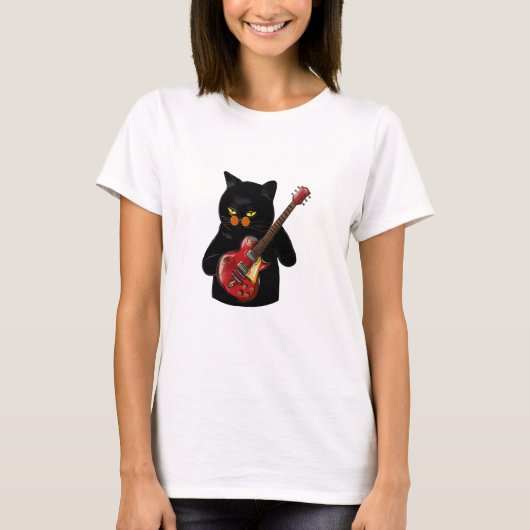 ブラックキャット遊ズギター黒猫好き Tシャツ (正面)