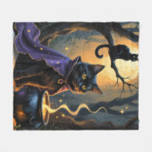 ブラックキャット+ウィズミカル+ハロウィンペインティング フリースブランケット (正面(横))