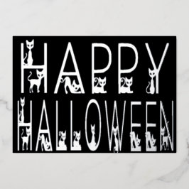 ブラックキャット「ハッピー ハロウィン」タイポグラフィーデザイン 箔招待状