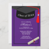 ブラックキャップモダンディプロマパープル卒業パーティー 招待状 (正面)