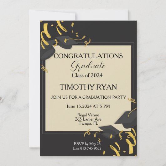 ブラックキャップ金ゴールドモダンスクリプト卒業パーティー 招待状 (正面)