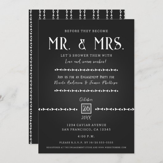 ブラックキャビアエレガントゴシック婚約パーティ 招待状 (正面/裏面)