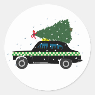 ブラックキャブタクシークリスマスツリースケッチ雪 ラウンドシール