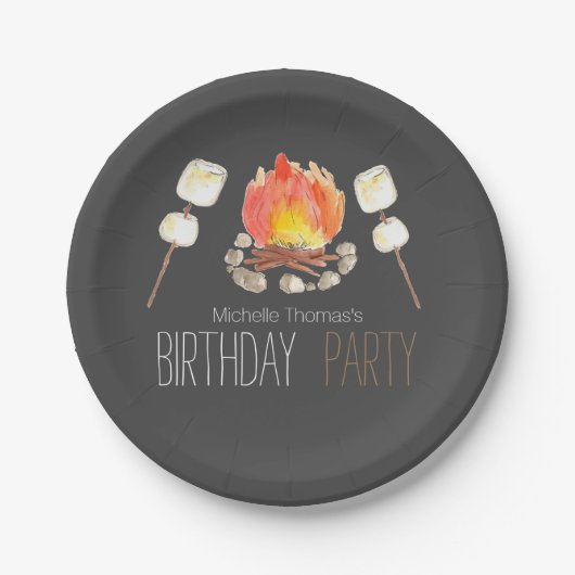 ブラックキャンプファイアスモアーズ誕生日紙プレート ペーパープレート (正面)