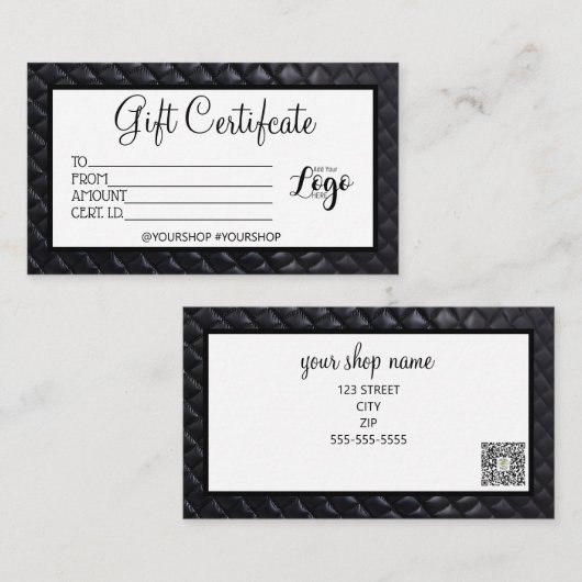 ブラックキルテッドビジネスギフト証明書マーケティング 名刺 (正面/裏面)