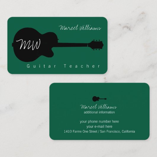 ブラックギター付きグリーンミュージックビジネスカード 名刺 (正面/裏面)