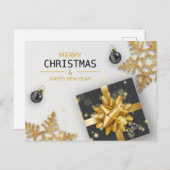 ブラックギフトボックス金ゴールド雪片クリスマスボール シーズンポストカード (正面/裏面)