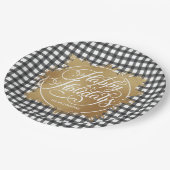 ブラックギンガムチェック金ゴールドホイルフェイクホリデイ ペーパープレート (アングル)