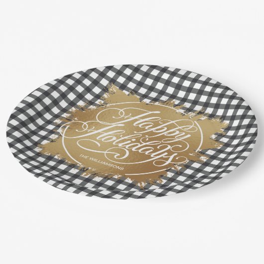 ブラックギンガムチェック金ゴールドホイルフェイクホリデイ ペーパープレート (アングル)
