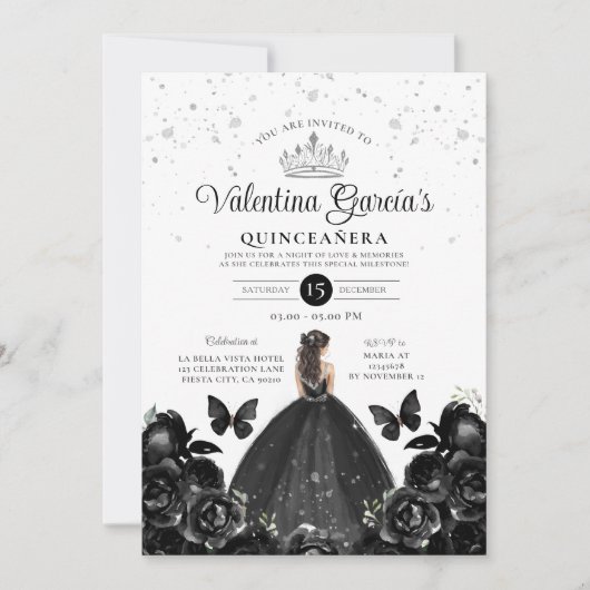 ブラッククインセアニラ15アノスフラワーズシルバーグリッター 招待状 (正面)