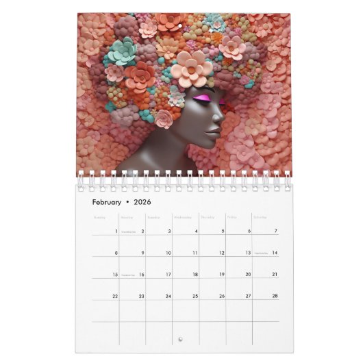 ブラッククイーンメラニンシスタフラワーカーリーアフロ女性 カレンダー (2月 2026)