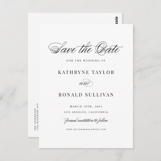 ブラッククラシックタイポグラフィスクリプトの保存日付 ポストカード (正面/裏面)