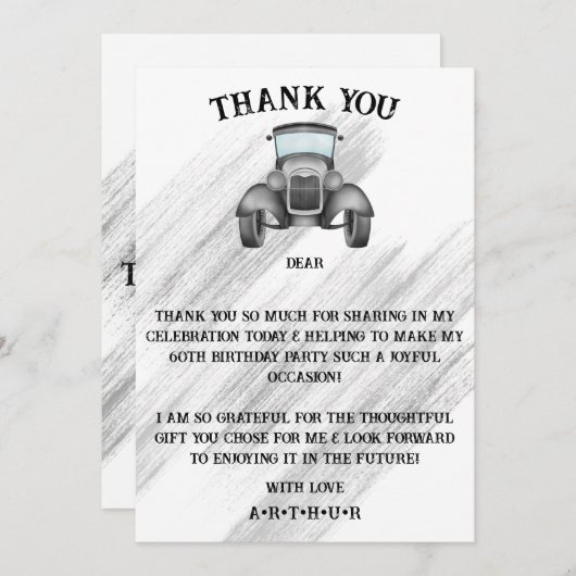 ブラッククラシックレトロ車のヴィンテージ水色 サンキューカード (正面/裏面)