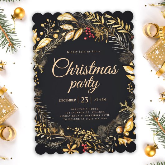 ブラッククラシック金ゴールドエレガントクリスマスホリデーパーティー 招待状