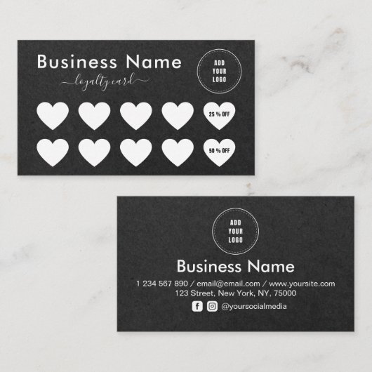 ブラッククラフト紙ミニマリスト追加ロゴソーシャルメディア ロイヤリティカード (正面/裏面)