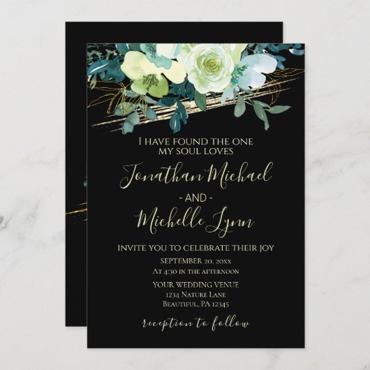 ブラッククリスチャンのブルーホワイト金ゴールド結婚フローラ 招待状 (正面/裏面)