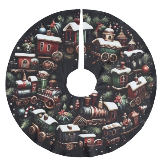 ブラッククリスマスに水彩列車 ブラッシュドポリエステルツリースカート (正面)