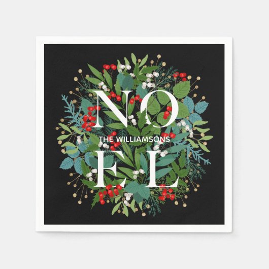 ブラッククリスマスに緑を咲かせるNOEL スタンダードカクテルナプキン (正面)