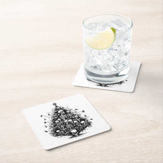 ブラッククリスマスツリースカルと骨 スクエアペーパーコースター (インサイチュ)