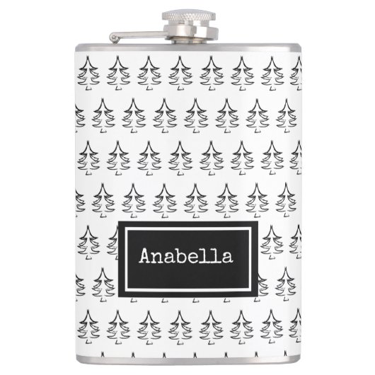 ブラッククリスマスツリーパーソナライズされた フラスク (正面)