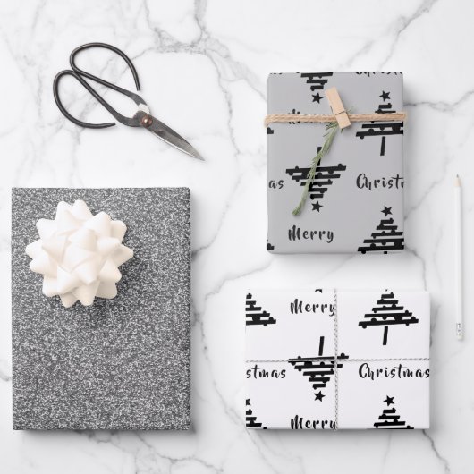 ブラッククリスマスツリーフェイクシルバーグリッターホリデー ラッピングペーパーシート (正面)
