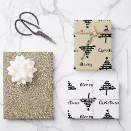ブラッククリスマスツリーフェイク金ゴールドグリッターホリデイ ラッピングペーパーシート