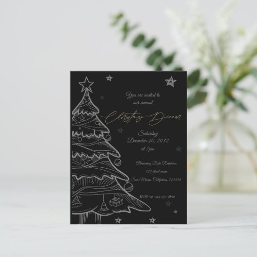 ブラッククリスマスツリーホリデーパーティー招待状 ポストカード (スタンド正面)