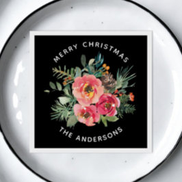 ブラッククリスマスフローラ&パイン。暗いフェスティバル冬 スタンダードランチョンナプキン