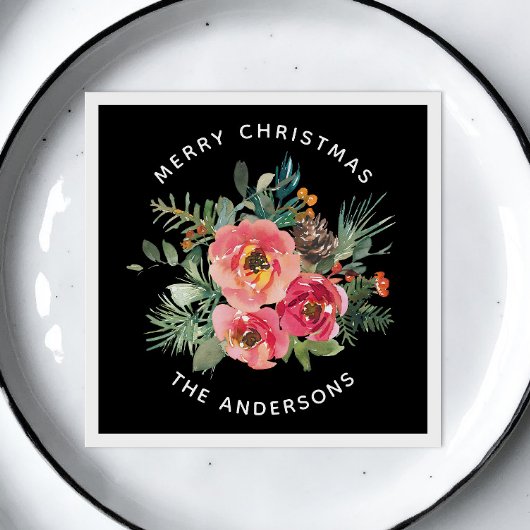 ブラッククリスマスフローラ&パイン。暗いフェスティバル冬 スタンダードランチョンナプキン