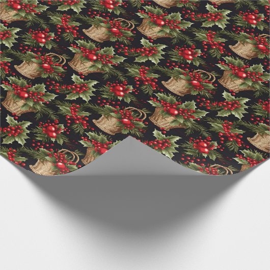 ブラッククリスマスボモダンタニカルパターン ラッピングペーパー (角)