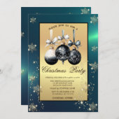 ブラッククリスマスボールスノーフレーク金ゴールドパーティー 招待状 (正面/裏面)