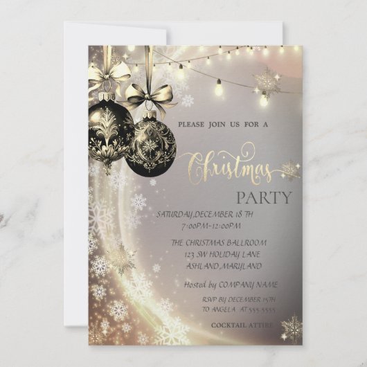 ブラッククリスマスボール、ストリングライト、雪片 招待状 (正面)