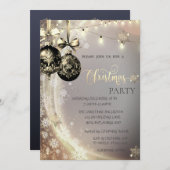 ブラッククリスマスボール、ストリングライト、雪片 招待状 (正面/裏面)