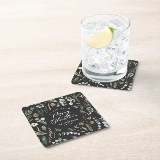 ブラッククリスマスミニマルボエレガントタニカル スクエアペーパーコースター (インサイチュ)