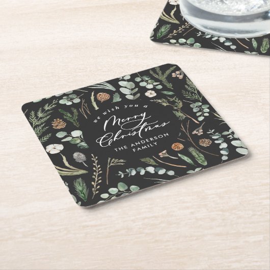 ブラッククリスマスミニマルボエレガントタニカル スクエアペーパーコースター (アングル)