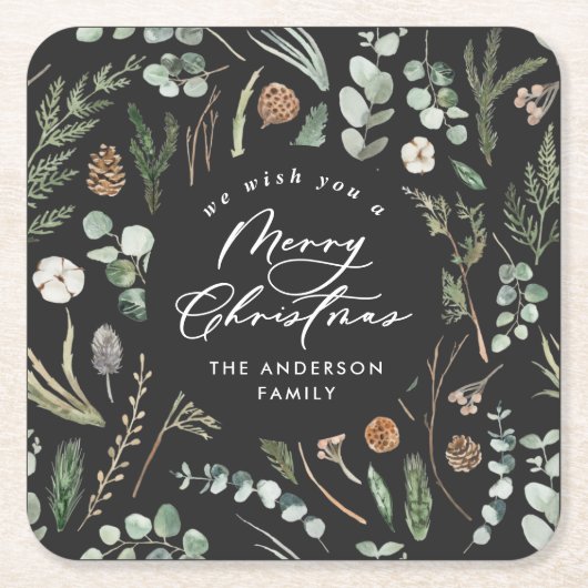 ブラッククリスマスミニマルボエレガントタニカル スクエアペーパーコースター (正面)