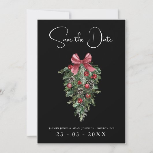 ブラッククリスマスレッドグリーンウィンター結婚フェスティバル セーブザデート (正面)