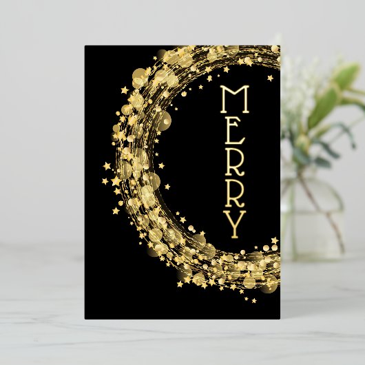 ブラッククリスマス金ゴールドの円と星 箔招待状 (立ち正面)