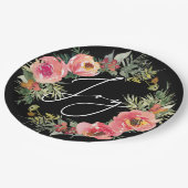 ブラッククリスマス。ジョイエレガントスクリプトフローラ休日 ペーパープレート (アングル)