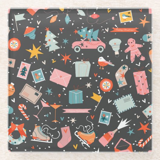 ブラッククリスマス:華美ヴィンテージパターン。 ガラスコースター (正面)
