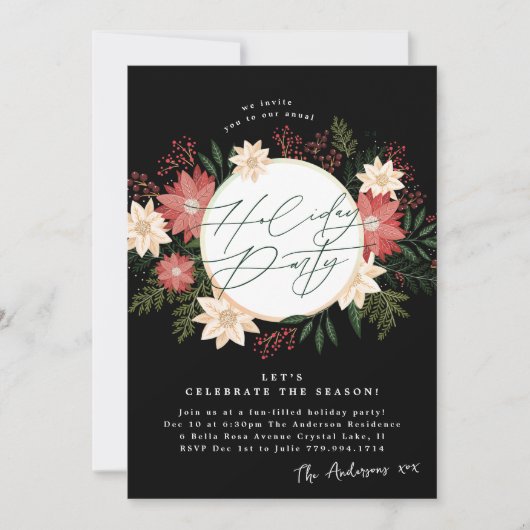 ブラッククリフォーマルスマスポインセティアホリデーパーティー 招待状 (正面)