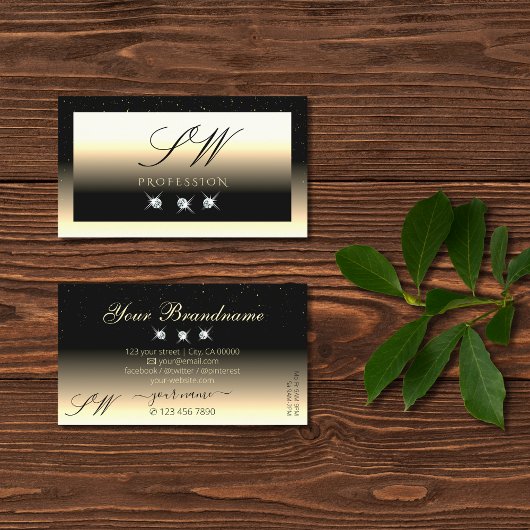 ブラッククリースタイリッシュム金ゴールドスパークルダイヤモンドイニシャル 名刺