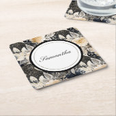 ブラッククリームヒョウ動物の花柄 スクエアペーパーコースター (アングル)