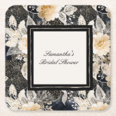 ブラッククリームヒョウ動物花柄 ブライダルシャワー スクエアペーパーコースター (正面)