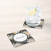 ブラッククリームヒョウ柄アニマルフラワープリント スクエアペーパーコースター (インサイチュ)