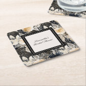 ブラッククリームヒョウ柄アニマル フラワーブライダルシャワー スクエアペーパーコースター (アングル)