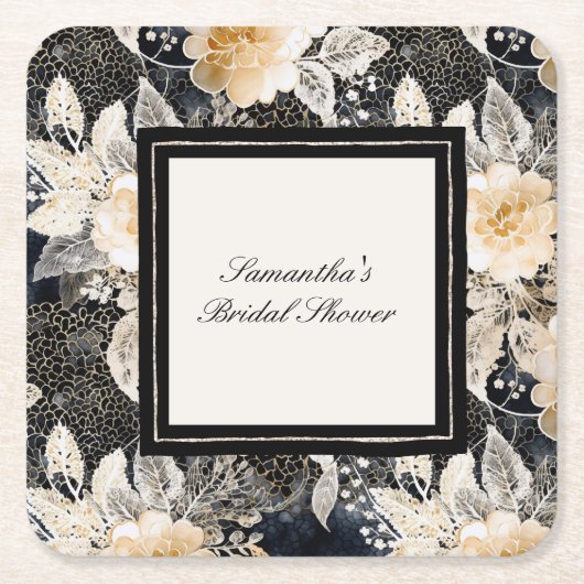 ブラッククリームヒョウ柄アニマル フラワーブライダルシャワー スクエアペーパーコースター (正面)