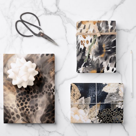 ブラッククリームヒョウ柄動物花柄ブライズシャワー ラッピングペーパーシート (正面)