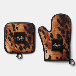 ブラッククリームブラウンコウィド金ゴールドモノグラム 鍋つかみ&鍋敷きセット